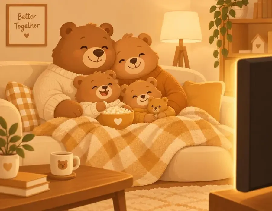 免费AI短剧品牌故事插画：一家人一起看短剧